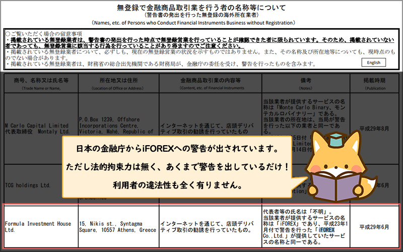 海外FX業者「iFOREX」は日本の金融庁から警告を出されている